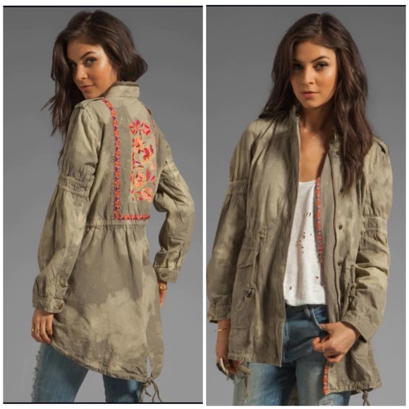 Free people festival Embroidered Olive Green Jacket anorak tie dye military - Picture 1 of 11